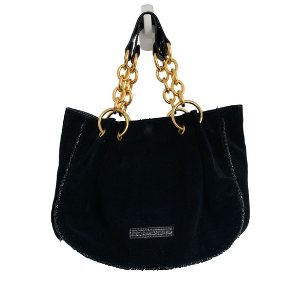 BCBGMAXAZRIA Black Suede Handbag Patent Leather & Gold Tone Chain Handle - Picture 3 of 13